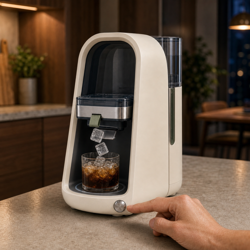 CleanCore One Crystal Core serving ice into a glass in a kitchen setting