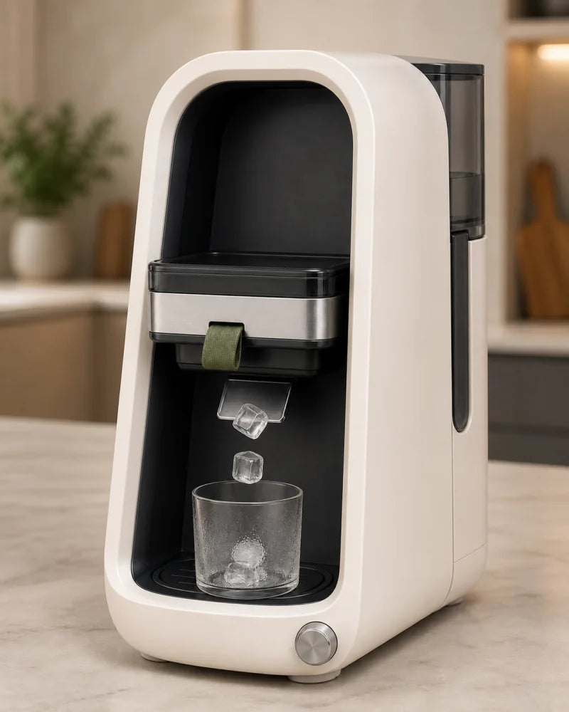 CleanCore One countertop ice maker serving ice into a glass
