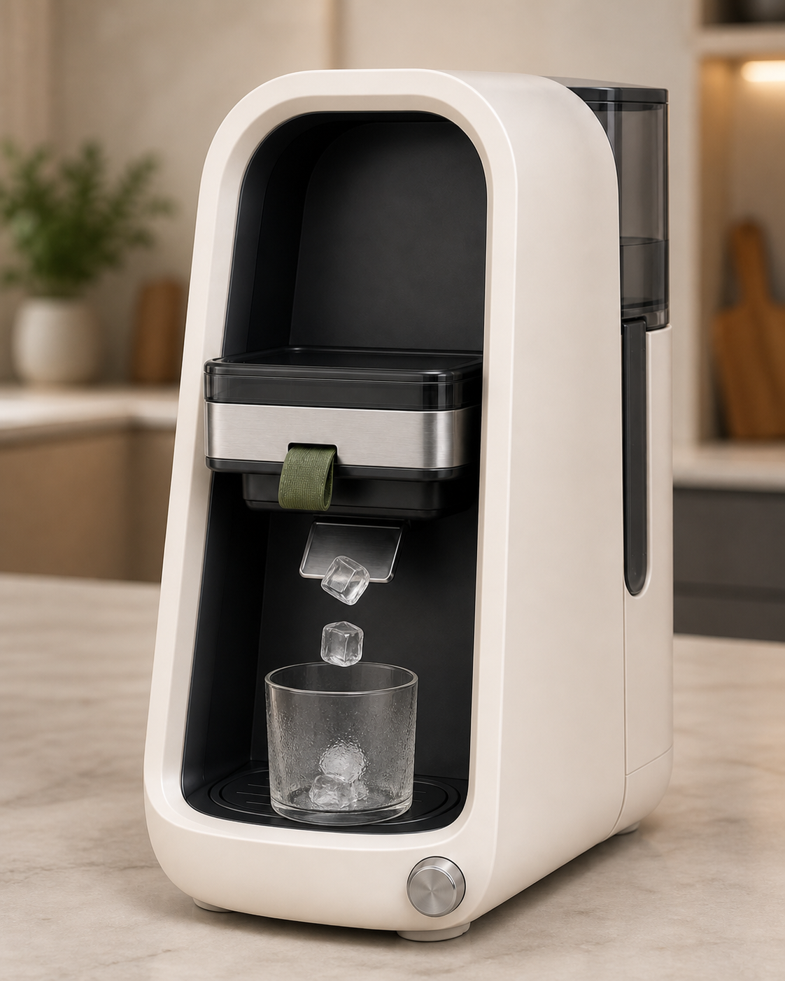 CleanCore One countertop ice maker serving ice into a glass